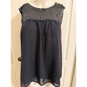 Ann Taylor LOFT Sequin Sleeveless Blouse Navy Blue Chiffon Top Women's Medium